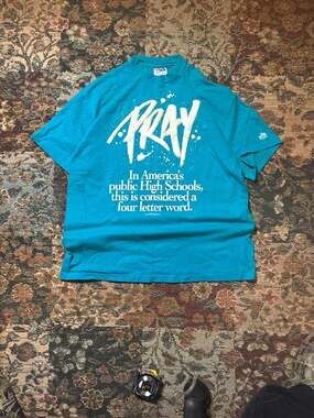 Vintage 1992 Living Epistles 'PRAY' Four Letter Word Tee Single Stitch Teal
